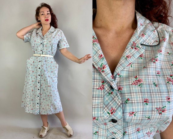 1940s Floral Fashion Frock | Vintage 40s Blue White & Pink Flower and Butterfly Print Cotton Button Up Dress with Pockets | Extra Large XL