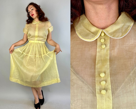 1940s Spring Fling Dress | Vintage 40s Yellow Sheer Organdy Fit and Flare Button Up Frock with White Piping Full Skirt and Belt | Small