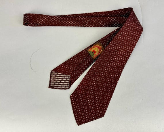1930s Snowfall in the Woods Necktie | Vintage 30s Silk Jacquard Mahogany Brown Self Tie with White Snowflakes by Roos Bros of California