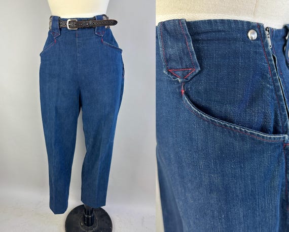 1950s Range Wrangler Blue Jeans | Vintage 50s Denim Cotton Western High Waist Pants with Red Top Stitching and Side Zipper | Extra Small XS