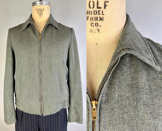 1950s "Pendleton" In The Pines Ricky Jacket | Vintage 50s Heathered Tweed Green Wool Brass Zip Front Casual Light Coat | Medium Large