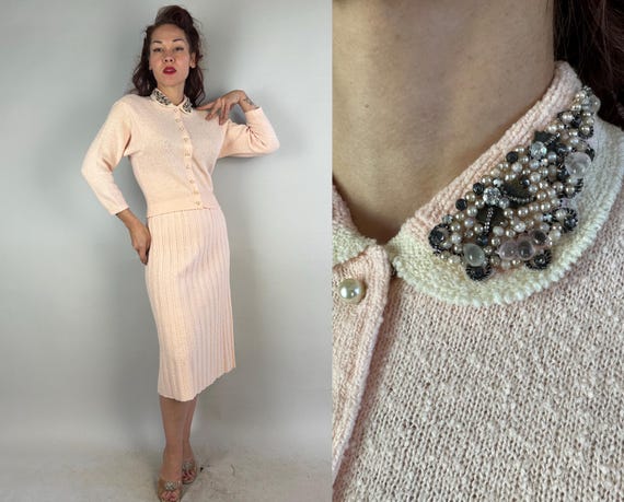 1950s Powder Puff Knit Set | Vintage 50s Two Piece Wool Sweater Cardigan Beaded Rhinestone Top & Skirt Ensemble w/White Trim | Small/Medium