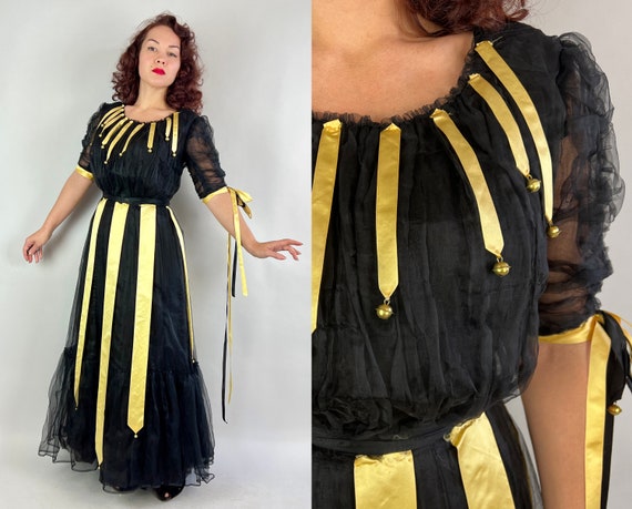 1910s Phantasmagoric Fantasy Dress | Vintage Teens Antique Etherial Revelry Black Silk & Organza Gown with Yellow Ribbons and Bells | Small