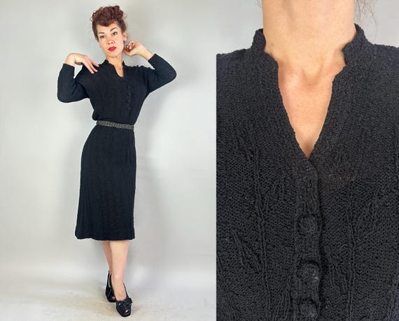 1950s Dark Darling Knit Dress | Vintage 50s Black Boucle Wool Knitwear Wiggle LBD with Buttons and Stripes | Large Extra Large XL
