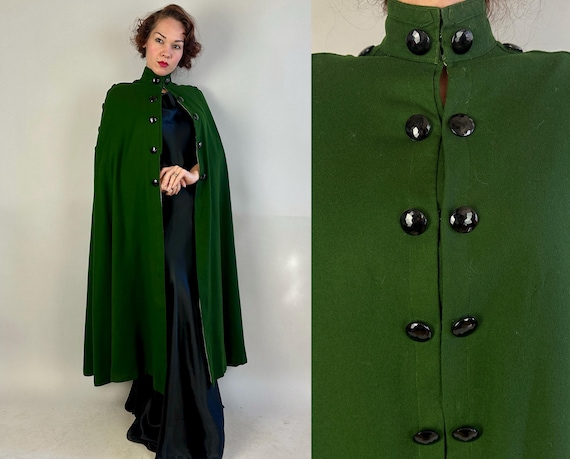 1900s Forest Queen Cloak | Antique Vintage Edwardian Green Wool Long Cape w/White Silk Lining Faceted Black Glass Buttons and Arm Slits