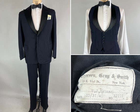 1940s Samhain Sam Tuxedo | Vintage 40s Three Piece Black Wool & Silk Jacket Vest and Trousers Tux Suit Dated Halloween 1940! | Size 42 Large