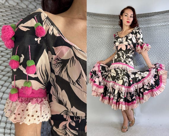 1940s Carmen's ChaCha Costume | Vintage 40s Black & Pink Tropical Floral Cotton Dancer Dress w/Tulle Ruffles Lace and Fruit Dangles | Small