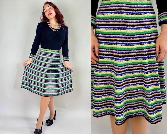 1940s Fiesty Fiesta Frock | Vintage 40s Black Wool Knit Dress w/Stripes of Green Yellow Purple Blue + Lurex Silver | Small Medium Large XL