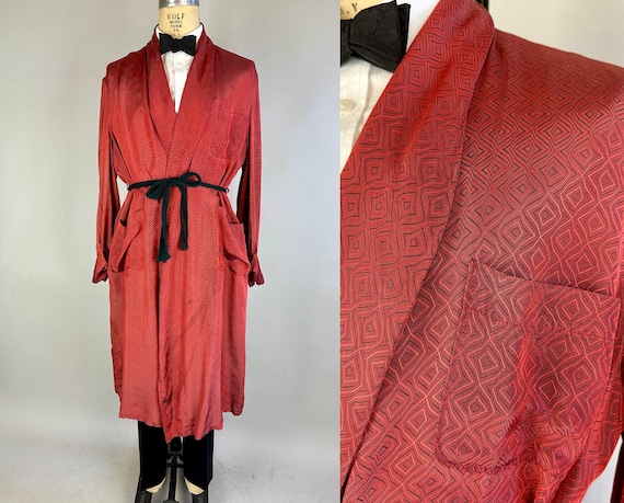 1940s Diamonds in Your Eyes Dressing Robe | Vintage 40s Red and Black Rayon Wavy Diamond Jacquard Pattern Smoking Jacket Robe | Large