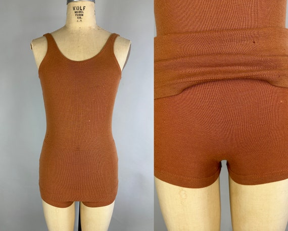 1920s Peachy Keen Swimsuit | Vintage 20s Orange Wool Knit One Piece Bathing Suit Swimwear with Shorts by "Wil Wite" | Small