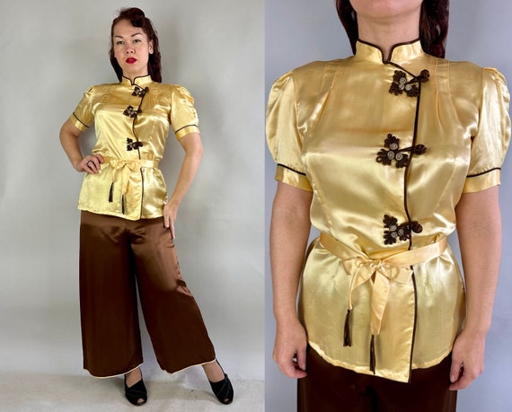 1930s Golden Gal Lounge Set | Vintage 30s Two-Tone Yellow & Brown Silk Asian Inspired Puff Sleeve 3-Piece Top Belt + Palazzo Pants | Medium