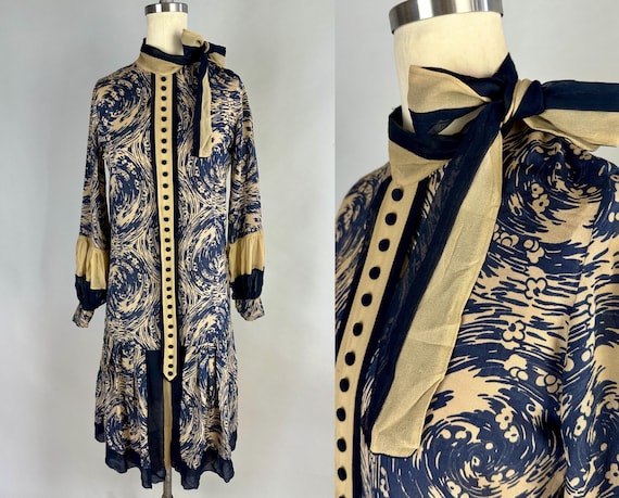 1920s Marbled Mayhem Floral Frock | Vintage 20s Blue & Ecru Swirled Ripples Flower Print Tissue Silk Day Dress w/Scarf Tie | Extra Small XS