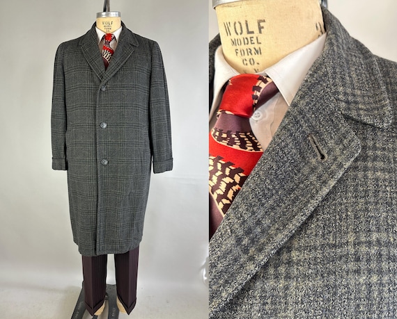 1950s Fred's Fantastical Foggy Weather Overcoat | 50s Mid Century Wool Gray Plaid Notch Lapel Single Breasted Winter Coat w/ Pockets | Large