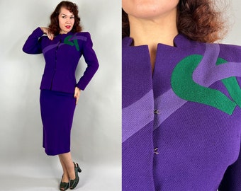 1940s A-List "Adrian" Suit | Vintage 40s WWII Era Hollywood Designer Royal Purple Violet and Emerald Wool Color Block Ensemble Set | Small