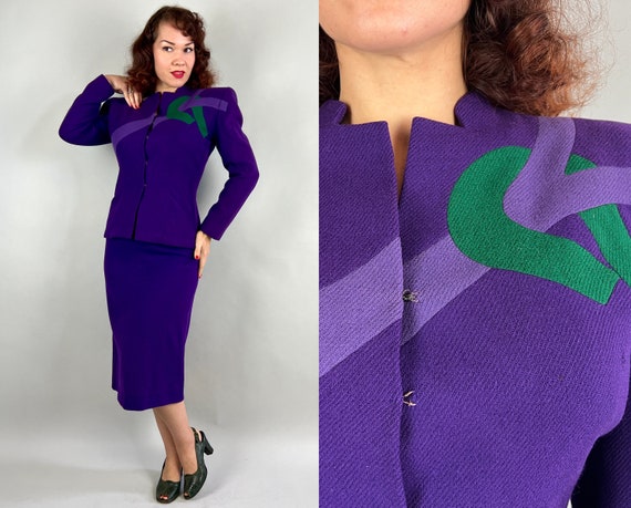1940s A-List "Adrian" Suit | Vintage 40s WWII Era Hollywood Designer Royal Purple Violet and Emerald Wool Color Block Ensemble Set | Small