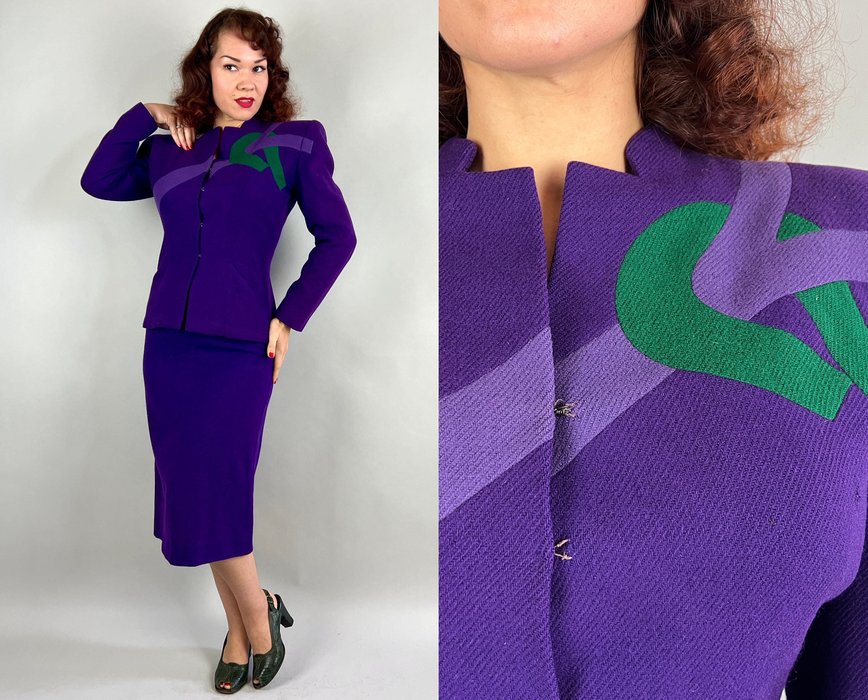 Real Vintage Search Engine 1940S A-List Adrian Suit  Vintage 40S Wwii Era Hollywood Designer Royal Purple Violet  Emerald Wool Color Block Ensemble Set Small $10,000.00 AT vintagedancer.com
