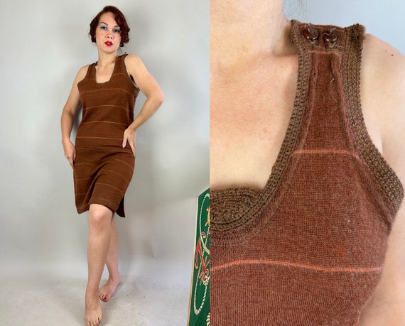 1920s "Water Sprite" Bathing Suit | Vintage Antique 20s Brown and Orange Striped Wool Swimsuit with Crochet Edge | Large Extra Large XL