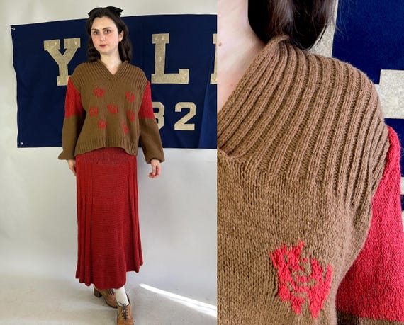 1940s Stella's Studious Knit Set | 40s Wool Chunky Knit Two-Tone Brown and Scarlet Red Volup 2 Piece Skirt and Sweater Set | Extra Large XL