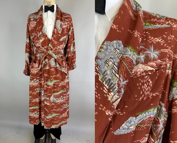 1940s Tropic Retreat Robe | Vintage 40s Brown Blue Pink & Green Cold Rayon Hawaiian Palm Trees and Huts Print Lounge Jacket w/Belt | Small