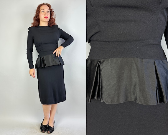 1940s Jet Black Bombshell Dress | Vintage 40s Rayon Crepe Cocktail Evening LBD w/Silk Box Pleat Peplum and Strong Shoulders | Extra Small XS