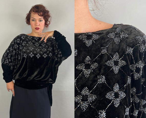 1920s Bedazzled Batwing Blouse | Vintage 20s Black Silk Velvet Side Tie Flapper Top with Flower Lattice Beading | Extra Large XL Large