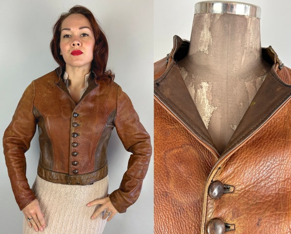 1930s Run Around Rebel Jacket | Vintage 30s Two Tone Brown and Copper Unique Cropped Leather Cossack Coat with Leather Buttons | Small