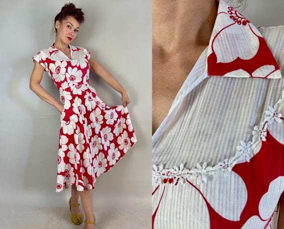 1930s Blossom Bursts Frock | Vintage 30s Red and White Tropical Flower Print Cotton Dress with Pockets Voile Yoke and Lace Trim | Medium