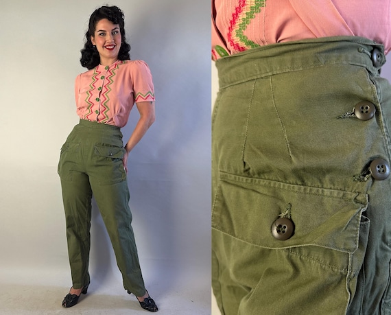 1950s Utility Tilly Trousers | Vintage 50s Olive Green Cotton Poplin Slacks w/Double Side Buttons & Adjustable Sizing | XS Small Medium
