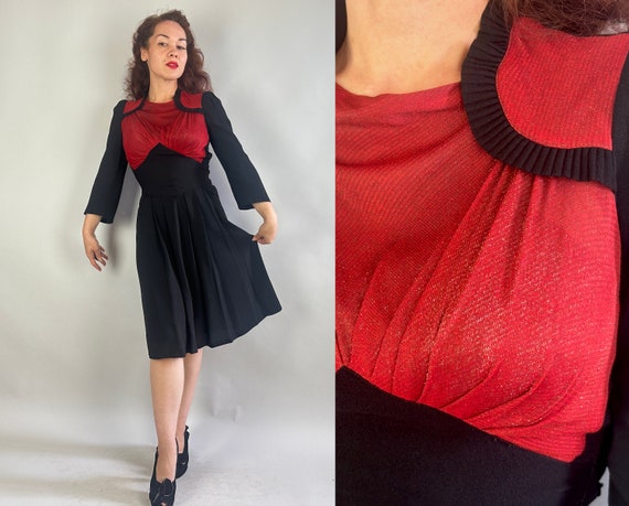 1930s NY Valentine Dress | Vintage 30s Black Rayon Crepe w/Red & Silver Lamé Color Block "New York Creations" Puff Shoulders Frock | Small
