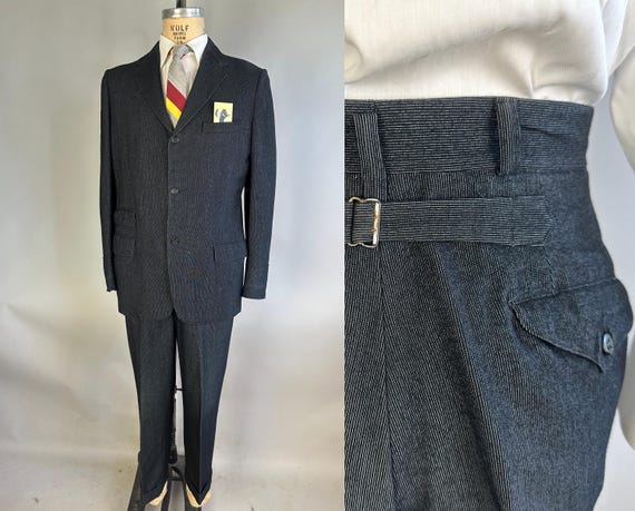 1950s Dashing Dated Suit | Vintage 50s Buckle Back Charcoal Black with White Pinstripes Wool Two Piece Jacket and Pants Set | Size 40 Medium