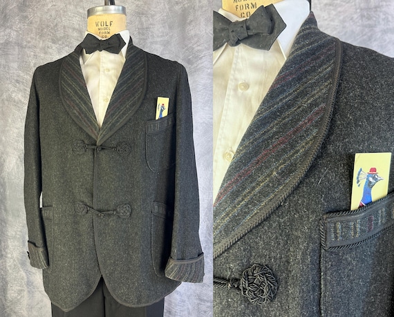 1920s Evening Ritual Smoking Jacket | Vintage 20s Charcoal Grey Wool Lounge Blazer w/Red Yellow & Blue Stripe Cuffs and Lapel | Medium/Large