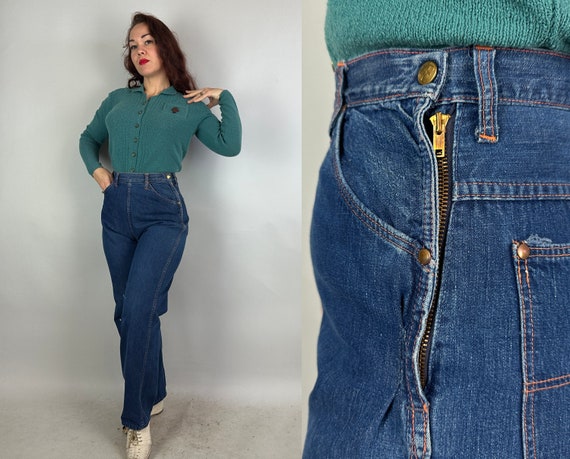 1950s Jumping and Jiving Jeans | Vintage 50s Classic Blue Denim Pants with Orange Top Stitching and Side Zipper with Snap | Small