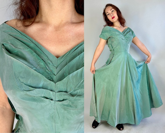 1940s Little Miss Mint Gown | Vintage 40s Iridescent Green Rayon Taffeta Floor Length Dress with Pleated Shoulder Bearing Neckline | Medium