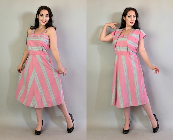 1940s Day Dress Set | Vintage 40s Peony Pink and D