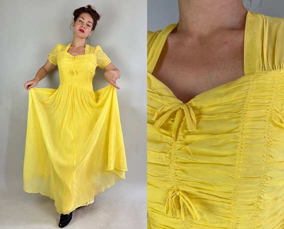 1940s Bound to Be a Belle Gown | Vintage 40s Canary Yellow Rayon Chiffon Overlay Floor Length Evening Gala Dress with Ruching | Medium