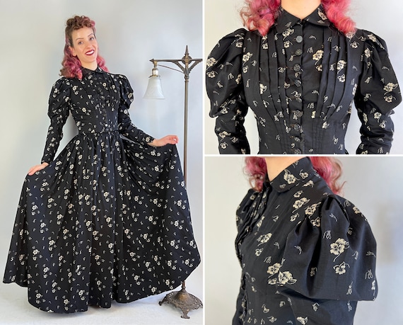 1800s Somber Beauty Dress Ensemble | Antique Victorian Two Piece Black Wool with Ivory Floral Print Glass Button Up Bodice and Skirt | Small