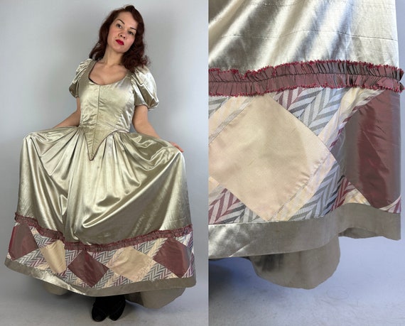 Opulent Opera Star Costume Dress | 19th Century Style Silver Liquid Satin Ball Gown with Corset Waist and Patchwork Taffeta Accents | Large
