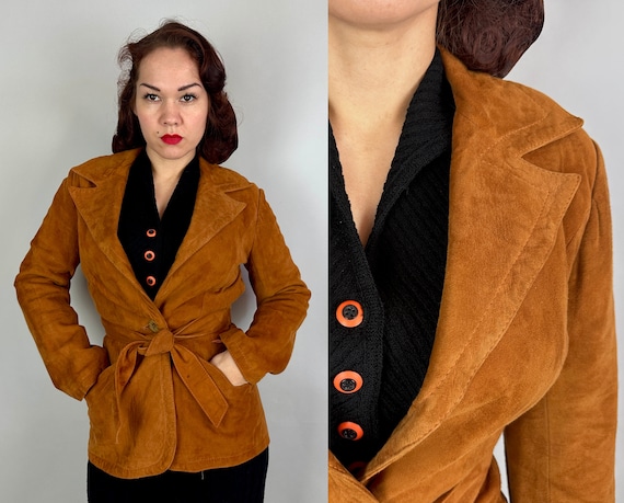 1950s Sporty in Suede Jacket | Vintage 50s Tawny Brown Leather Single Button Short Coat with Pockets and Attached Sash Belt | Medium