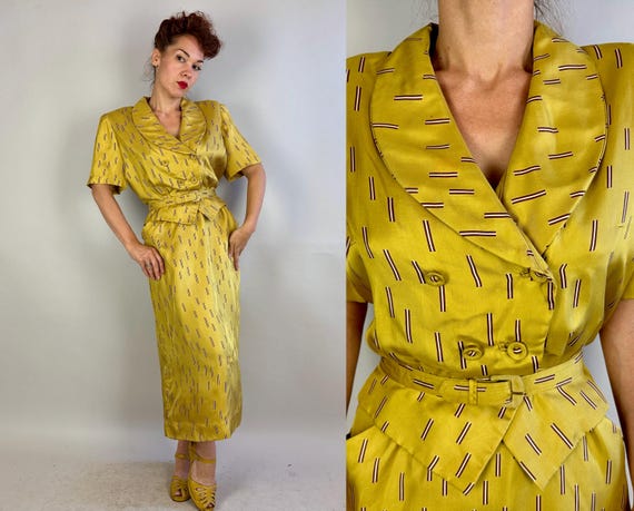 1940s Bacon and Eggs Sunnyside Up Dress | Vintage 40s Chartreuse Yellow Silk w/Brown + White Stripes Day Frock & Belt | Extra Large XL