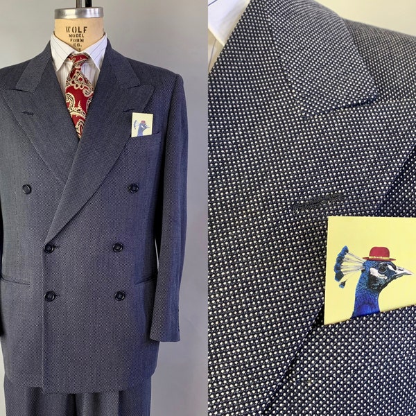 1940s Man of Distinction Suit | Vintage 40s Navy Blue and White Birds Eye Weave Wool Peak Lapel Jacket & Trousers | Size 40-42 Medium/Large