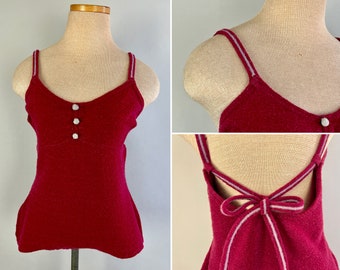 1930s Cathy's Cranberry Swimsuit | Vintage 30s Red Wool Textured Knit One Piece Bathing Suit with 2 Tone Grey Accents | Small Extra Small XS