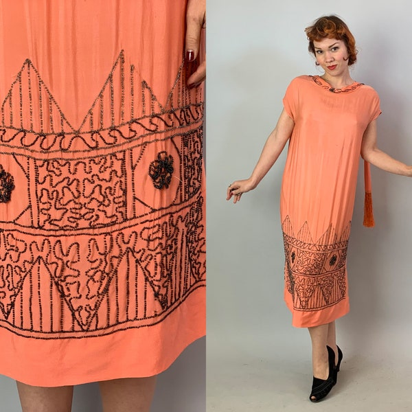 1920s Beaded Beauty Dress | Vintage 20s Coral Pink Silk Evening Cocktail Flapper Frock with Art Deco Beading and Fringe Sash Ties | Large