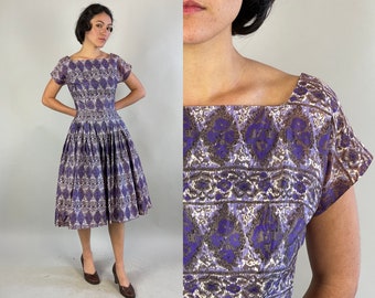 1950s Harlequin Hannah Dress | Vintage 50s Purple White and Grey Acetate Fit and Flare Frock with Belt & Built in Crinoline | Extra Small XS