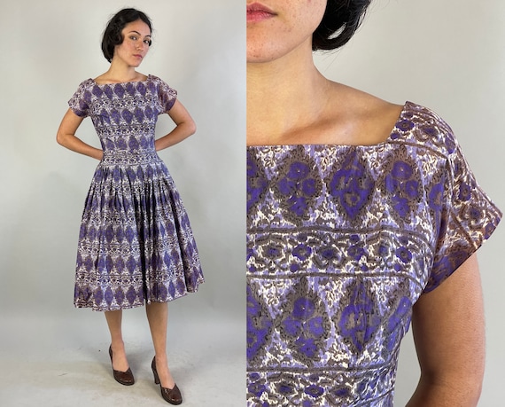 1950s Harlequin Hannah Dress | Vintage 50s Purple White and Grey Acetate Fit and Flare Frock with Belt & Built in Crinoline | Extra Small XS