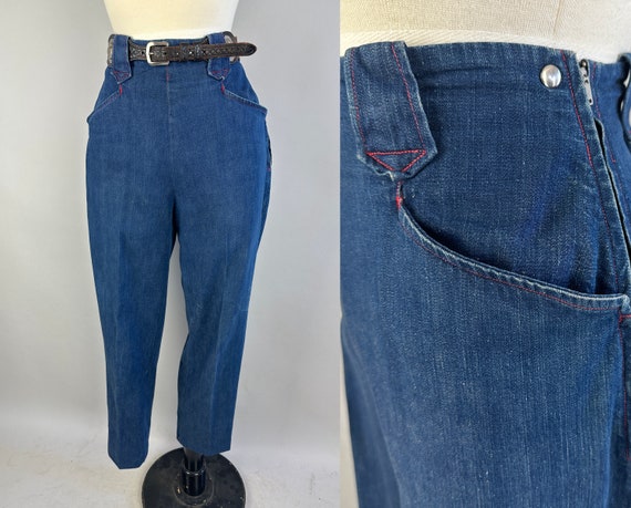1950s Range Wrangler Blue Jeans | Vintage 50s Denim Cotton Western High Waist Pants with Red Top Stitching and Side Zipper | Extra Small XS