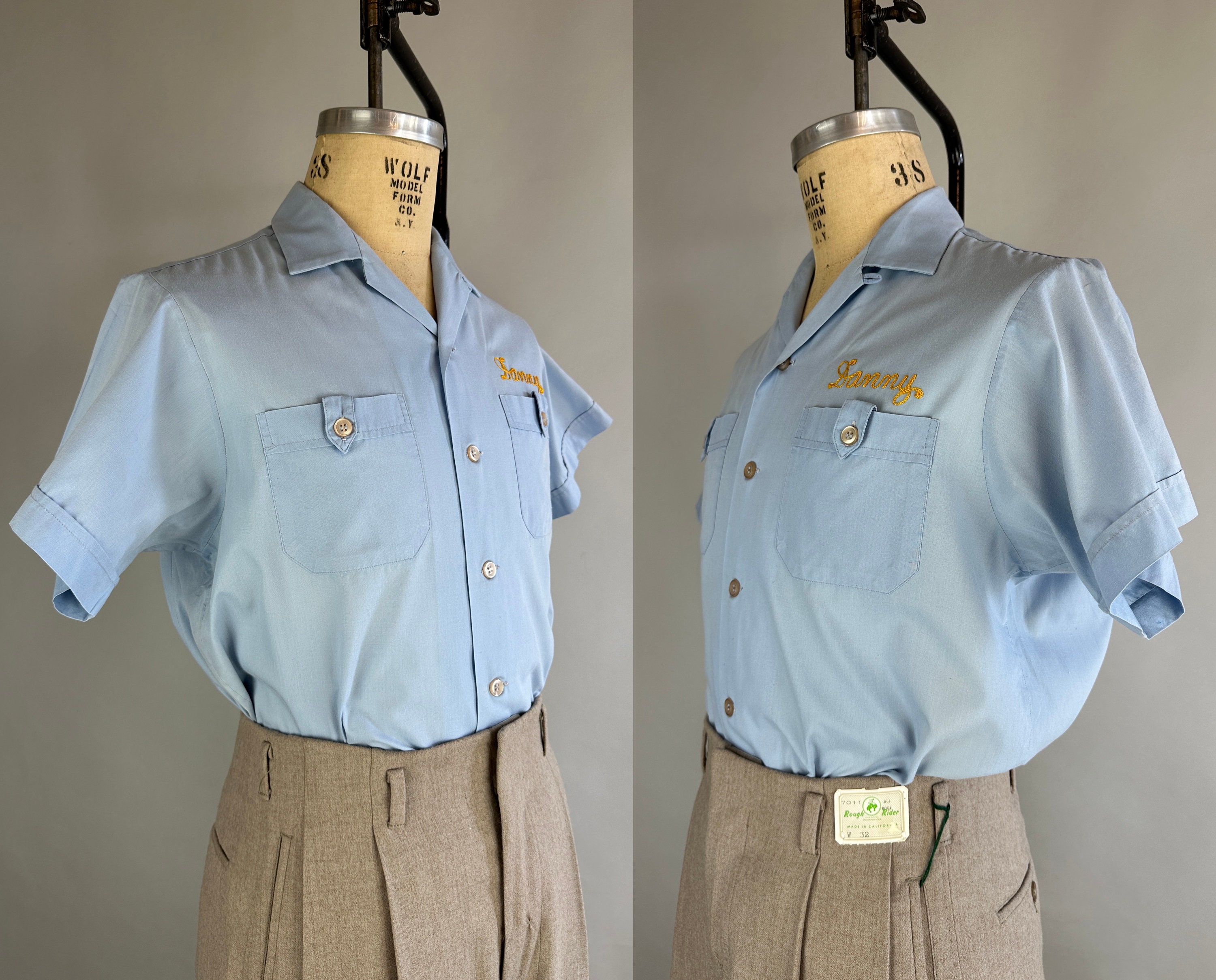 1950s Cocktail Bar Bowling Shirt | Vintage 50s Blue Cotton 1950s Cocktail Bar Bowling Shirt | Vintage 50s Blue Cotton