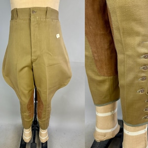 1930-talets Old Sport Jolly Time Jodhpurs | Vintage 30-tals ridbyxor i kakifärgad ulltwill med whipcord och mockalappar | Extra stor XL