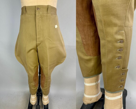 1930s Old Sport Jolly Time Jodhpurs | Vintage 30s Deadstock Khaki Wool Twill Whipcord Riding Breeches Pants w/Suede Patches | Extra Large XL