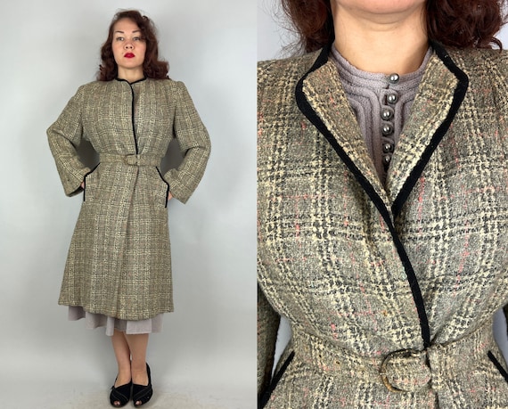 1940s Foggy Day in London Town Coat | Vintage 40s Grey & Pink Flecked Tweed Wool Plaid Overcoat w/Black Piping + Belt | Small Extra Small XS