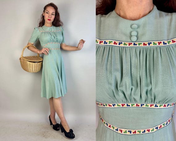 1940s Polly's Puff Sleeve Spring Dress | Vintage Early 40s Blue White Red Floral Embroidered Ribbon Spearmint Cotton Linen Frock | Small